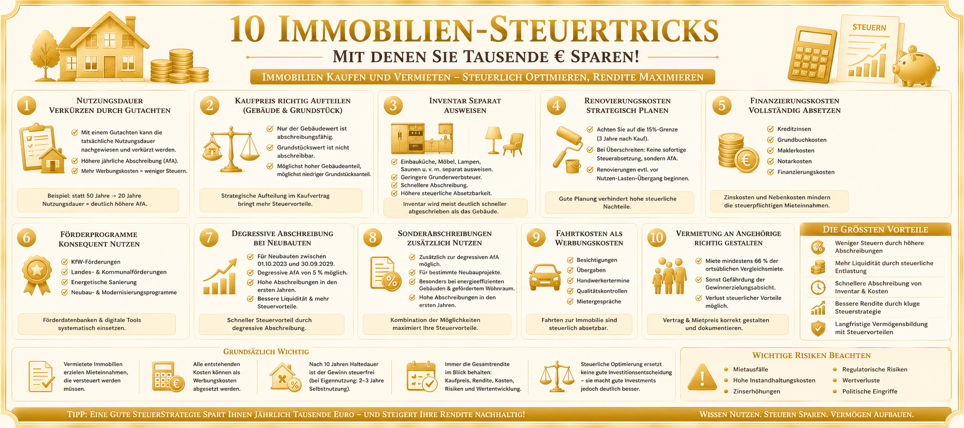 10 legale Immobilien-Steuertricks für Vermieter in Deutschland 2026: Abschreibung, Werbungskosten, Renovierungskosten, AfA und steuerliche Optimierung von Immobilien.