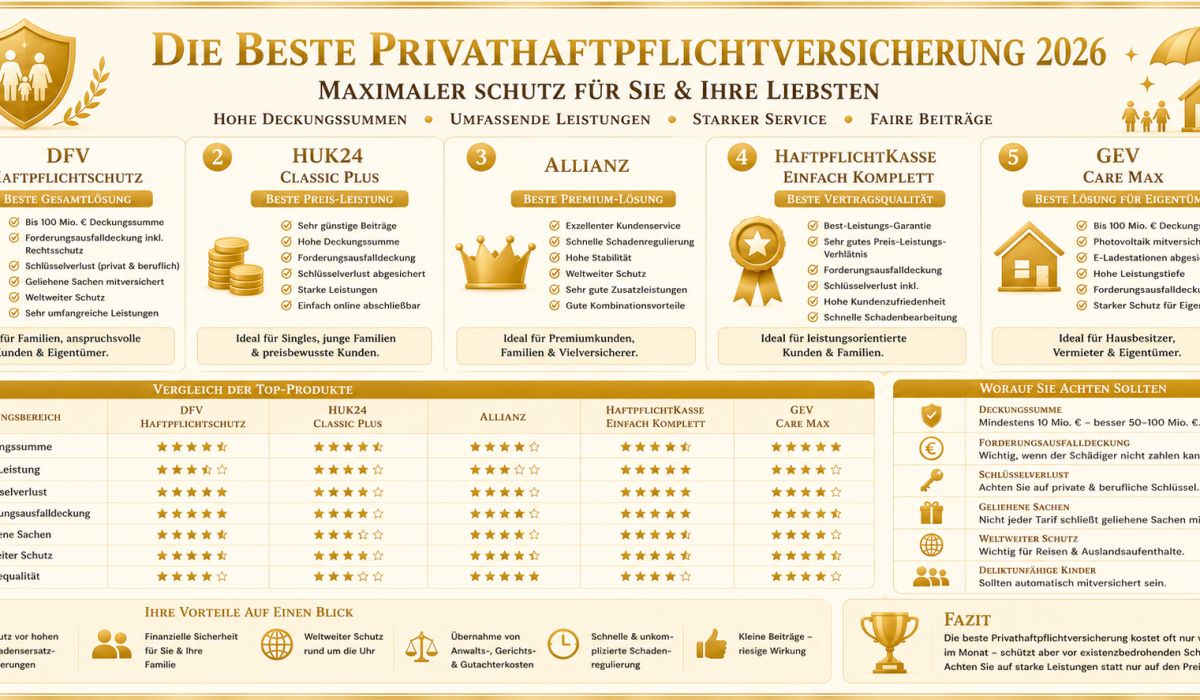 Die beste Privathaftpflichtversicherung 2026 im Vergleich: DFV, HUK24, Allianz, Haftpflichtkasse und GEV hinsichtlich Preis, Leistung und Vertragsqualität.