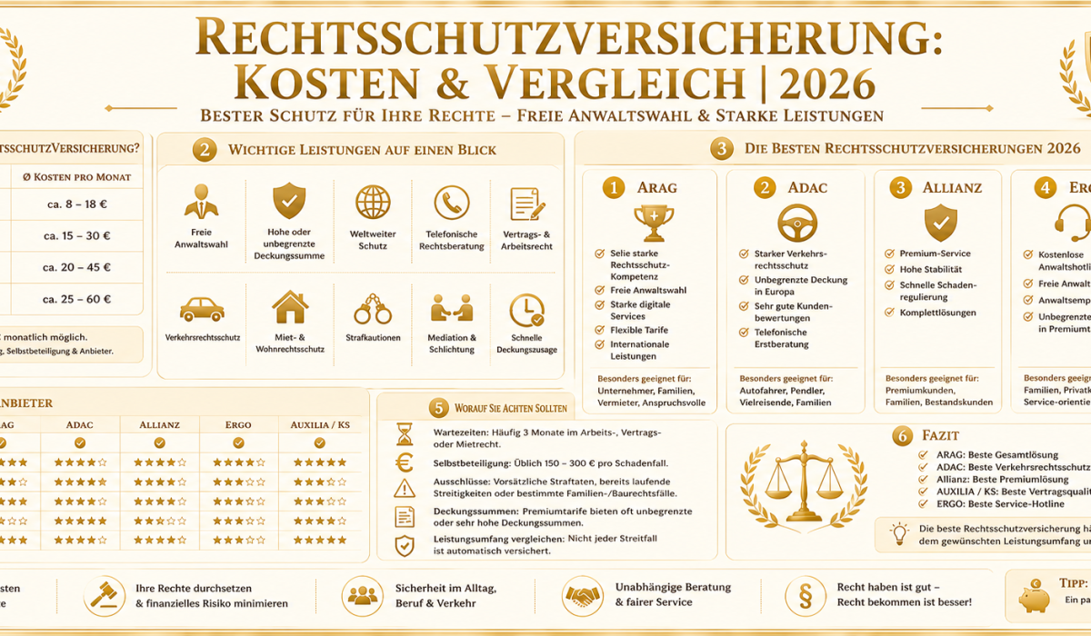 Rechtsschutzversicherung 2026 im Vergleich: Kosten, Leistungen, freie Anwaltswahl und die besten Anbieter wie ARAG, ADAC, Allianz, ERGO und AUXILIA.