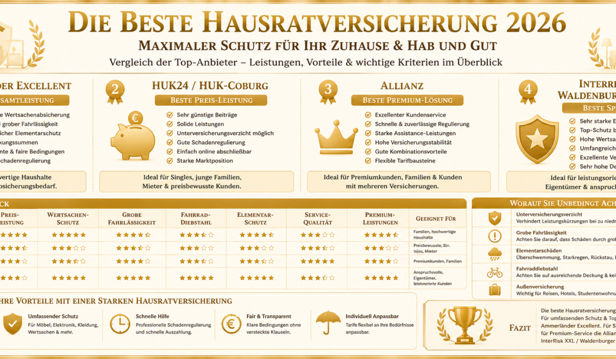 Die beste Hausratversicherung 2026 im Vergleich: Allianz, HUK24, Ammerländer und InterRisk hinsichtlich Preis, Leistung, Wertsachen-Schutz und Schadenregulierung.
