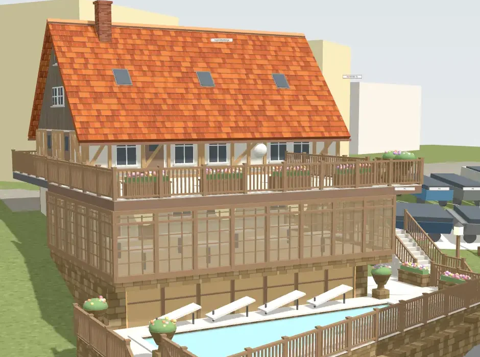 Heidehorn 1 in Bad Schandau: 3D-Modell des Zielbilds mit Glashalle, Dachterrasse und Pool