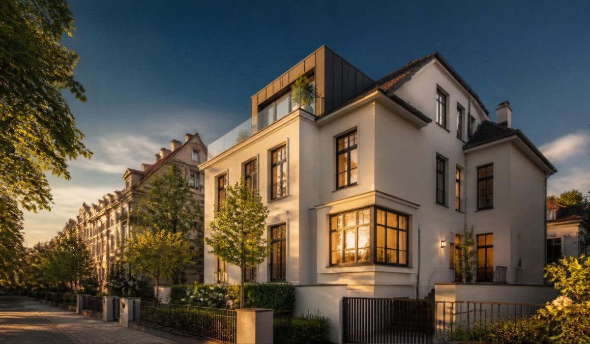 Modernisierungskredit Berlin 2026: renovierte Stadtvilla mit warmem Abendlicht