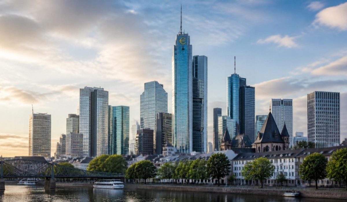 Finanzdienstleistungen und Investmentmoeglichkeiten in Deutschland - Buero mit Finanzcharts und Skyline