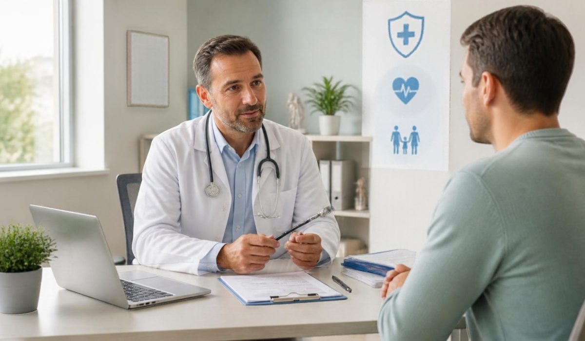 پزشک در حال مشاوره با بیمار درباره بیمه درمانی خصوصی، گوشی پزشکی و مدارک روی میز