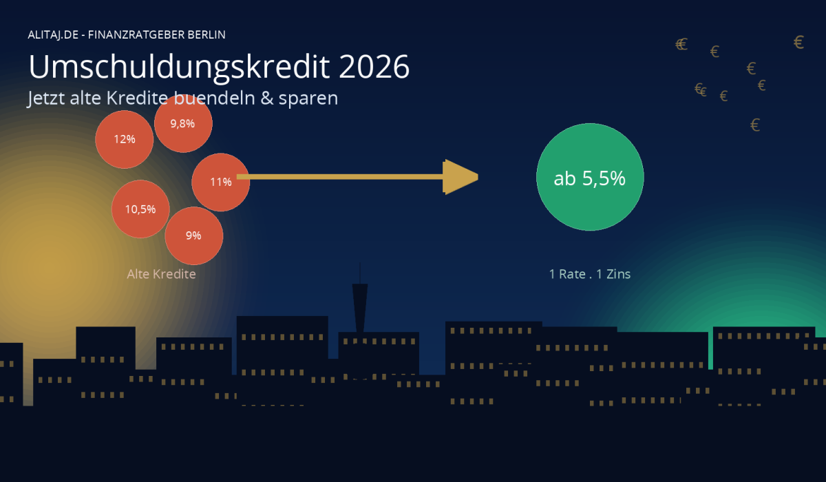 Illustration: Umschuldung mehrerer teurer Altkredite in Berlin zu einem guenstigeren Kredit mit niedrigerem Zinssatz 2026