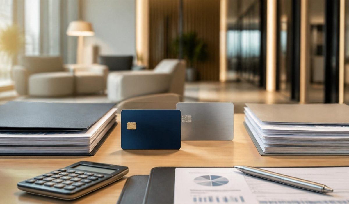 Bankkarte und Finanzunterlagen auf einem Schreibtisch symbolisieren den Vergleich von Santander Bank und Sparkasse